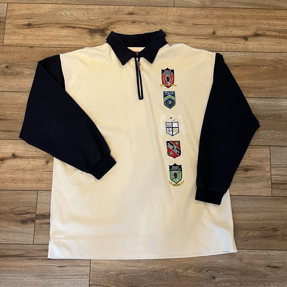 Vintage Y2K Bare Fox Italy Patches 1/4 Zip Pullover Rugby Shirt Sweater Men's XL